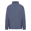 Back view of blue sweatshirt with contrast navy panels and “Lazy Jacks Co.” embroidered on the collar.