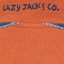 Close-up of “Lazy Jacks Co.” embroidery on the back of the orange collar with contrast stitching.