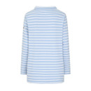 Back view of light blue and white striped roll neck sweatshirt with long sleeves.