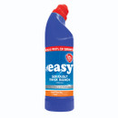 Blue bottle of "Easy Seriously Thick Bleach" with a red cap. Label claims to kill 99.9% of germs. Text highlights stain removal and odor destruction.