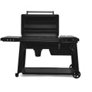 Traeger Woodridge Pro pellet grill with lid open showing large cooking grates on white background.