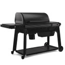 Angled view of Traeger Woodridge Pro pellet grill on white background showing side shelf and controller panel.
