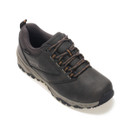 Angled top view of the dark brown Regatta walking shoe with brown and black laces and cushioned collar.