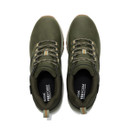Top-down view of the pair of olive green walking shoes showing lace detail and TECFOAM comfort insoles.