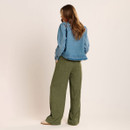 Rear view of olive green wide-leg striped trousers with elasticated waist, worn with a blue denim jacket and trainers against a plain studio backdrop.