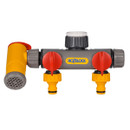 A grey and yellow hose connector with two red control knobs and a white cap at the top, featuring the Hozelock logo in the centre.