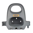 Grey plastic hose holder with a large top handle and drainage slots. The brand logo is in blue and yellow. Its simple design is practical and functional.
