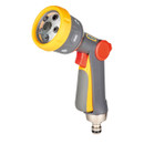 Colourful garden hose nozzle with a gray and yellow design, featuring multiple spray settings and a red trigger handle. It looks modern and functional.