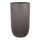 Tall cylindrical brown planter with vertical ribbed texture and smooth rim, shown on a plain white background.