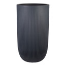 Dark grey tall cylindrical planter with vertical ribbed texture and smooth rim, shown on a plain background.