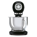 Front view of black SMEG stand mixer with stainless steel mixing bowl on a white background.