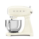 Cream SMEG stand mixer with stainless steel bowl on white background, side view