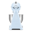 Pastel blue SMEG stand mixer front view showing stainless steel bowl and retro circular speed dial.