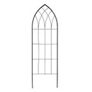 Black metal Gothic window design garden trellis with arched top and grid pattern, shown on a plain white background.