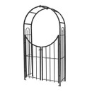 Black metal garden arch with curved top and built-in double gates, shown on a white background.
