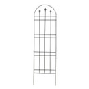 Black metal arched garden trellis with spear-style finials and grid design, shown on a white background.