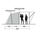 Outwell inflatable tunnel tent side profile diagram showing internal height and length measurements