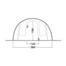 Front elevation diagram of tunnel tent showing 380cm width and 190cm doorway height