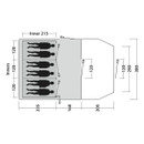 Tent floor plan diagram showing six-person sleeping layout and living area dimensions