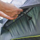 Close-up of tent toggle fastening securing the groundsheet to the inner tent