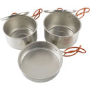Camping cookware set with saucepan, frying pan, plates and stackable cups
