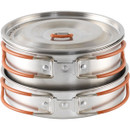 Stacked camping pots and frying pan with orange folding handles