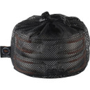 Camping cookset packed inside black mesh storage bag