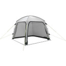 Outwell grey camping shelter with open side panels and guy lines