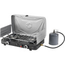 Outwell Katmai Duo portable gas stove connected to a gas canister, shown open on a white background
