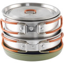 Stainless steel camping pot and frying pan clipped together with foldable orange handles for transport.
