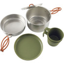 Top view of Easy Camp camping cookware set showing pot with lid, frying pan, two stackable cups and green plate.
