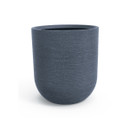 Close-up of a millstone grey round planter with a subtle horizontal textured finish, shown against a plain light background.