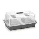 Unheated propagator with transparent humidity dome and black base tray, shown empty against a plain light background.