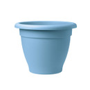 Steel blue round planter with a smooth finish and wide rolled rim, shown against a plain light background.