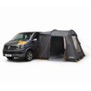 A dark grey camper van with a large, attached grey tent featuring transparent windows. The setup appears spacious, ideal for camping adventures.