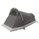 A compact, dome-shaped camping tent in grey and green with a single entrance. The tent is pitched on a flat surface, conveying readiness for outdoor use.