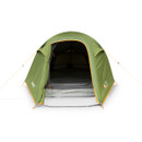 Green dome-shaped camping tent with an open front, showing an empty interior. It's pitched on a minimalistic white background. The tent has orange trim.