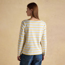 Back view of women’s striped Breton top with long sleeves in yellow and light blue.