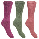 Three pairs of woolen socks are displayed against a white background. They are colored purple, green, and pink, showing a cozy and warm texture.