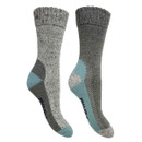 Two grey wool socks with reinforced heels and toes, featuring blue and dark grey accents. The design is cosy and textured, suggesting warmth and comfort.
