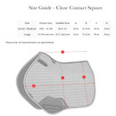 Equestrian saddle pad size guide for Close Contact Square design. Includes size chart for Small/Medium and Large, with horse and saddle sizes. Diagram shows labeled measurements A, B, C, and D on a quilted pad illustration. Note indicates measurements are approximate.