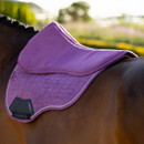 A close-up of a brown horse with a quilted, pink saddle pad under a saddle in a sunny outdoor setting. The background is a soft focus of greenery.