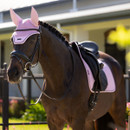 A dark brown horse wearing a pink ear bonnet and saddle pad stands calmly in front of a blurred house. The scene is sunny, conveying a peaceful mood.