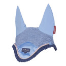 Light blue crocheted horse ear bonnet with fabric ears and a scalloped edge. It features a small logo patch and conveys a sense of elegance and practicality.