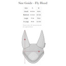 Fly hood size guide with measurements for small, medium, large, and extra-large. Diagram shows ear and width dimensions with arrows labeled A and B.