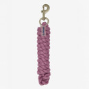 A braided pink lead rope with a silver metal clip and a small label attached. The rope is neatly coiled, giving a tidy and durable appearance.