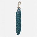 Braided teal rope with a silver clasp, labeled "LeMieux." It’s neatly coiled, suggesting durability and elegance against a plain white background.