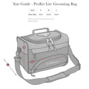Illustration of a grey ProKit Lite Grooming Bag with dimensions labelled as 33cm by 24cm by 20cm. Features include a top handle, zippers, and an adjustable shoulder strap.