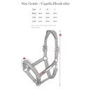 Size guide for Capella Headcollar with a detailed diagram. Measurements for Pony, Cob, and Full sizes are shown with dimensions A, B, and C.