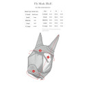 Illustration of a horse fly mask with ear covers and mesh, labeled with size measurements A, B, and C. Includes a size chart for different bridle sizes.